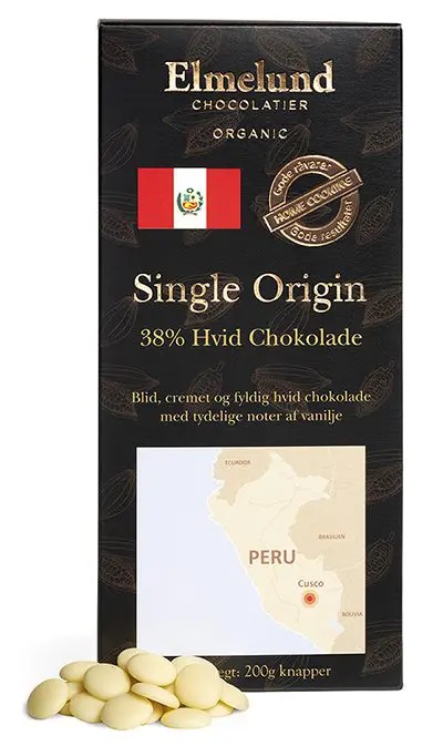 Elmelund Chocolatier økologiske Chokolade Knapper 38 Hvid Chokolade 200g
