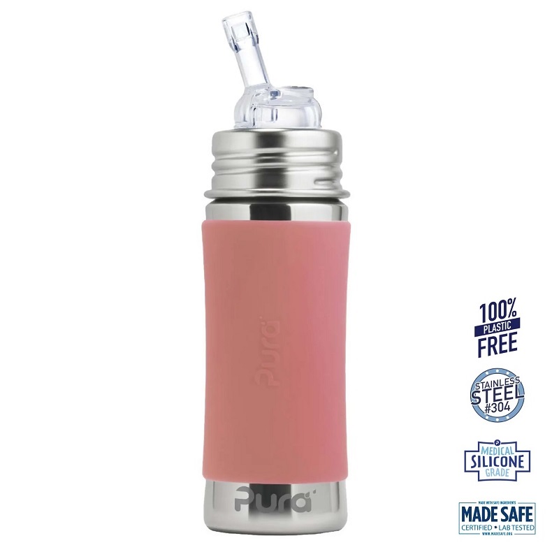 Pura Kiki Straw Baby Sutteflaske Mdr Rosa 325ml Fast Flow