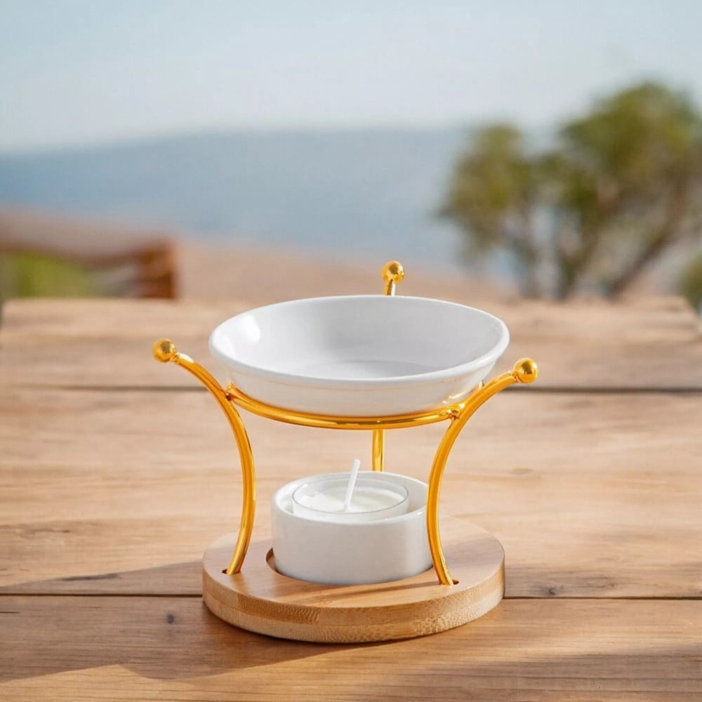 Duftbrænder Til Fyrfadslys 10   Cm Keramik  Bambus  Metal Hvid Hedenhus Etna 50 Ml Kapacitet  Minimalistisk Design