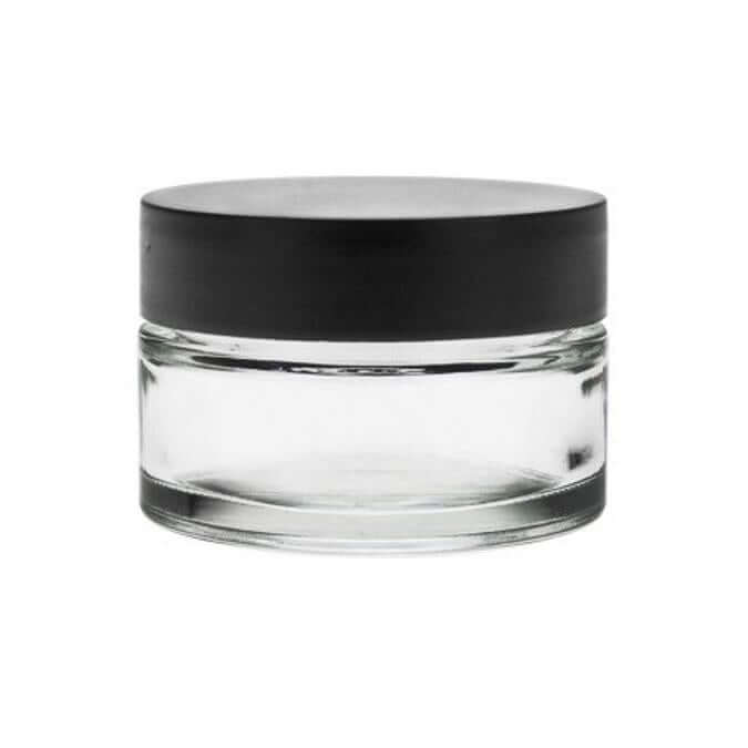 Glas Bøtte 50 Ml Klar Med Sort Skruelåg  Tætningspude Hedenhus Til Cremer Og Lotions  Højde 41   Mm  ø62 Mm
