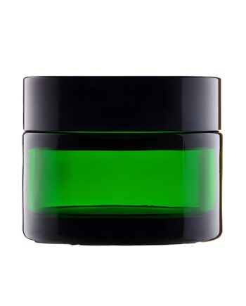 Glas Cremebøtte 50 Ml Grøn Med Sort Plastlåg Og Skumpude Hedenhus Velegnet Til Kosmetik  Højde 46 Mm    56 Mm