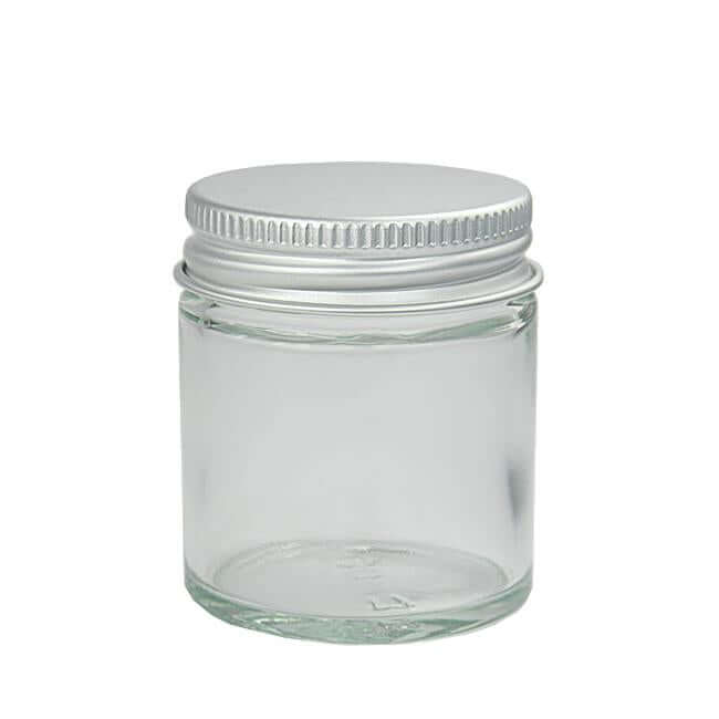 Glasbøtte 30 Ml Med Klar Glaskrukke Og Aluminiumslåg Hedenhus Skumpude   Låg  Tætsluttende  49 Mm Høj  40 Mm Diameter