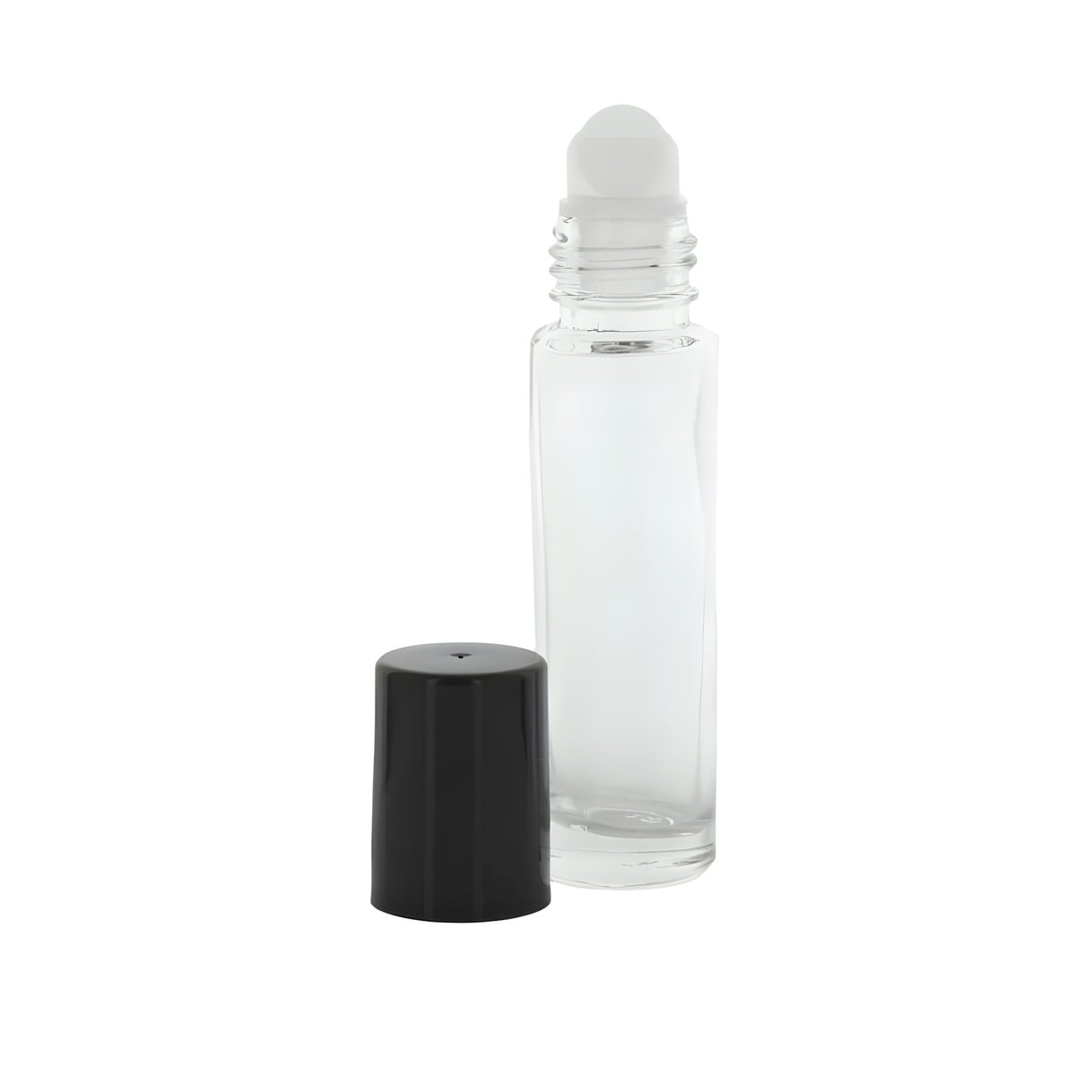 Glasflaske Med Rullehoved 10 Ml Klar  Plastpåføringshoved  Sort Plastlåg  85 Mm Høj  20 Mm Diameter Hedenhus