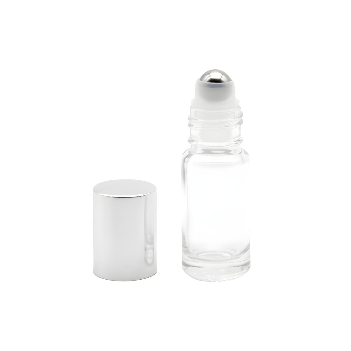 Glasflaske Med Rullehoved   Ml Klar  Sølvfarvet Plastlåg Hedenhus Letvægtsdesign  62 Mm Højde  Diameter 20 Mm