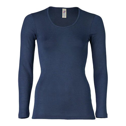 Langærmet Bluse  Uld Silke  Navy  Str  34 36