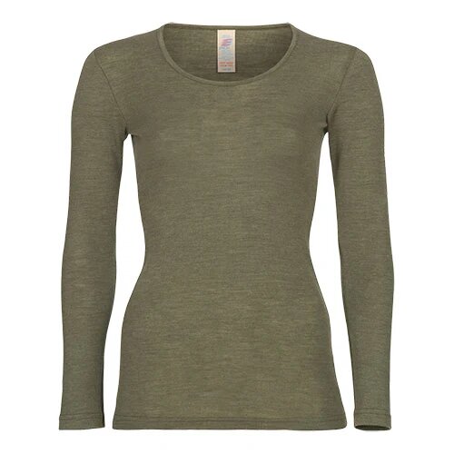 Langærmet Bluse  Uld Silke  Olive  Str  46 48