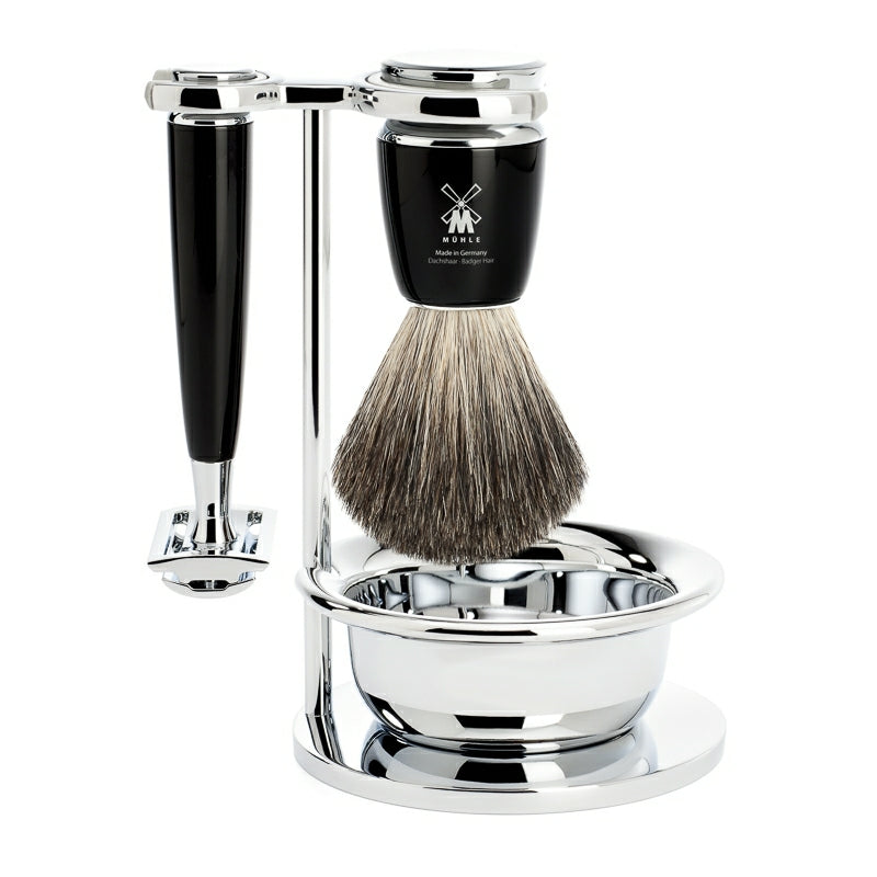 Mühle Shaving Barbersæt Med De-skraber Barberkost Holder Og Skål Rytmo Sort Kunstharpiks