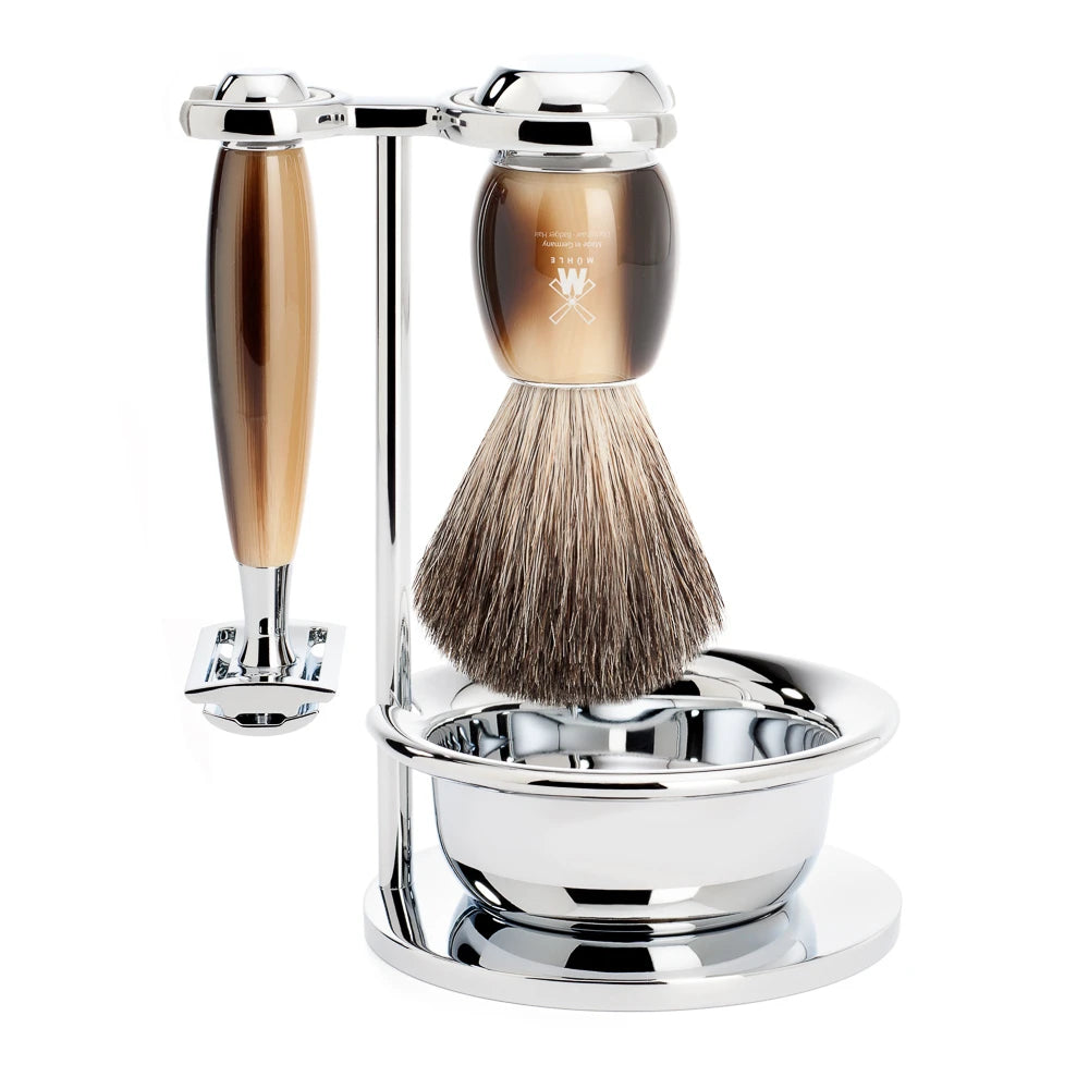 Mühle Shaving Barbersæt Med De-skraber  Barberkost  Holder Og Skål  Vivo  Brunt Horn