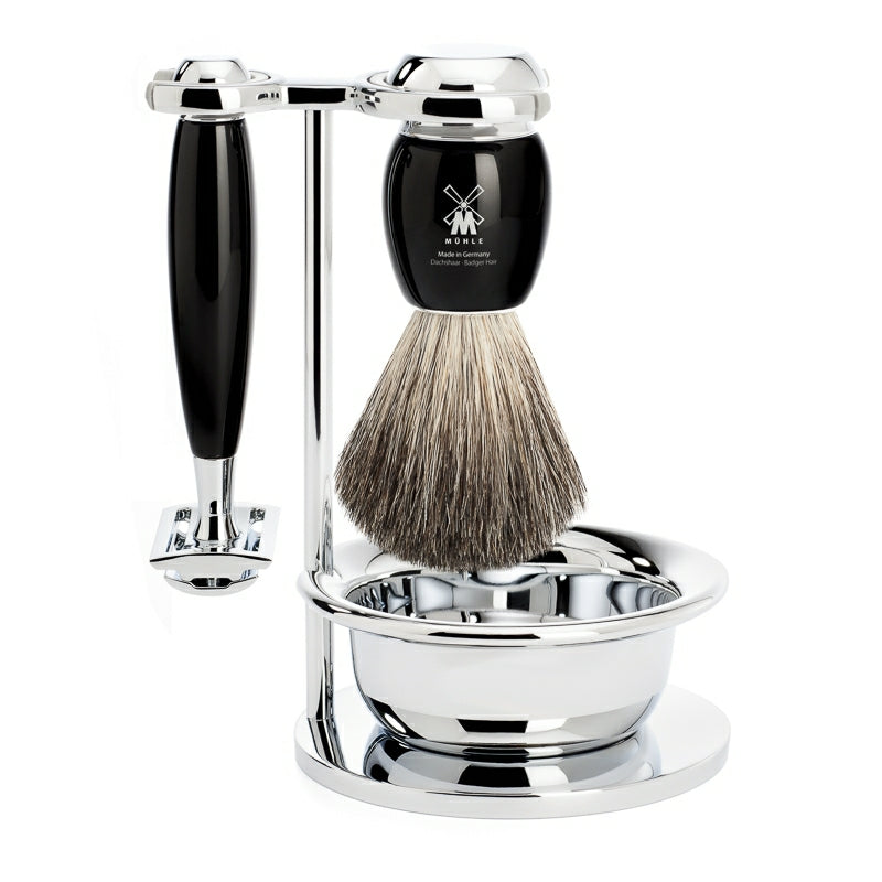 Mühle Shaving Barbersæt Med De-skraber Barberkost Holder Og Skål Vivo Sort Kunstharpiks