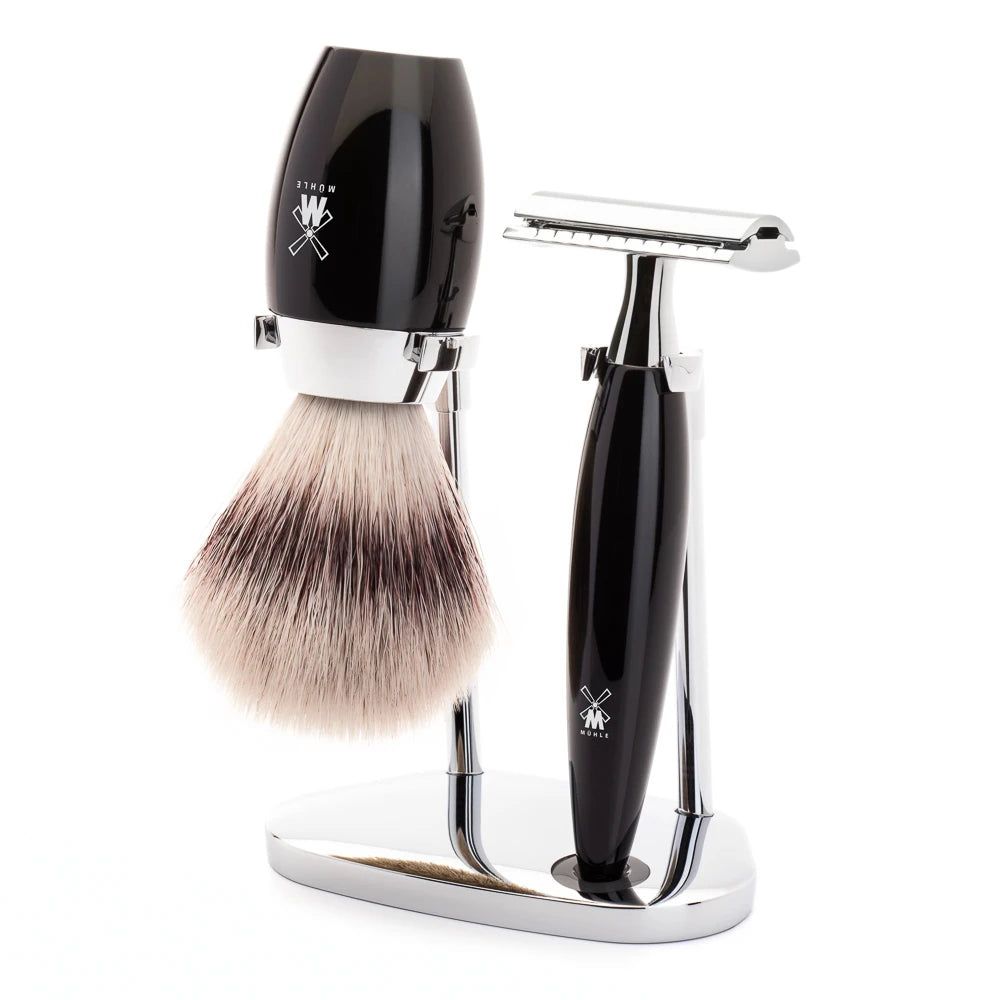 Mühle Shaving Barbersæt Med De-skraber Barberkost Og Holder Kosmo Sort Kunstharpiks