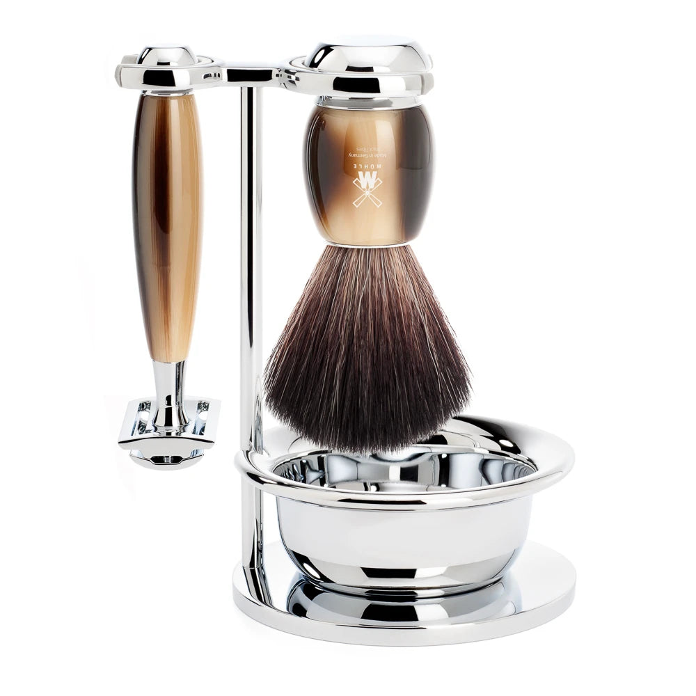 Mühle Shaving Barbersæt Med De-skraber  Fibre Barberkost  Holder Og Skål  Vivo  Brunt Horn