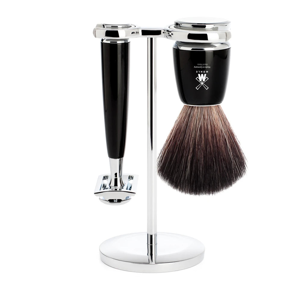 Mühle Shaving Barbersæt Med De-skraber  Fibre Barberkost Og Holder  Rytmo  Sort Kunstharpiks