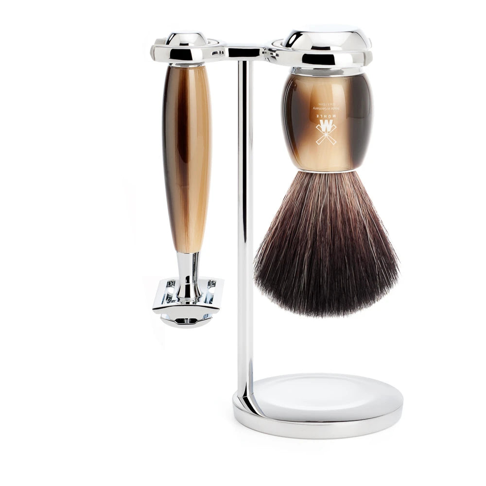 Mühle Shaving Barbersæt Med De-skraber  Fibre Barberkost Og Holder  Vivo  Brunt Horn