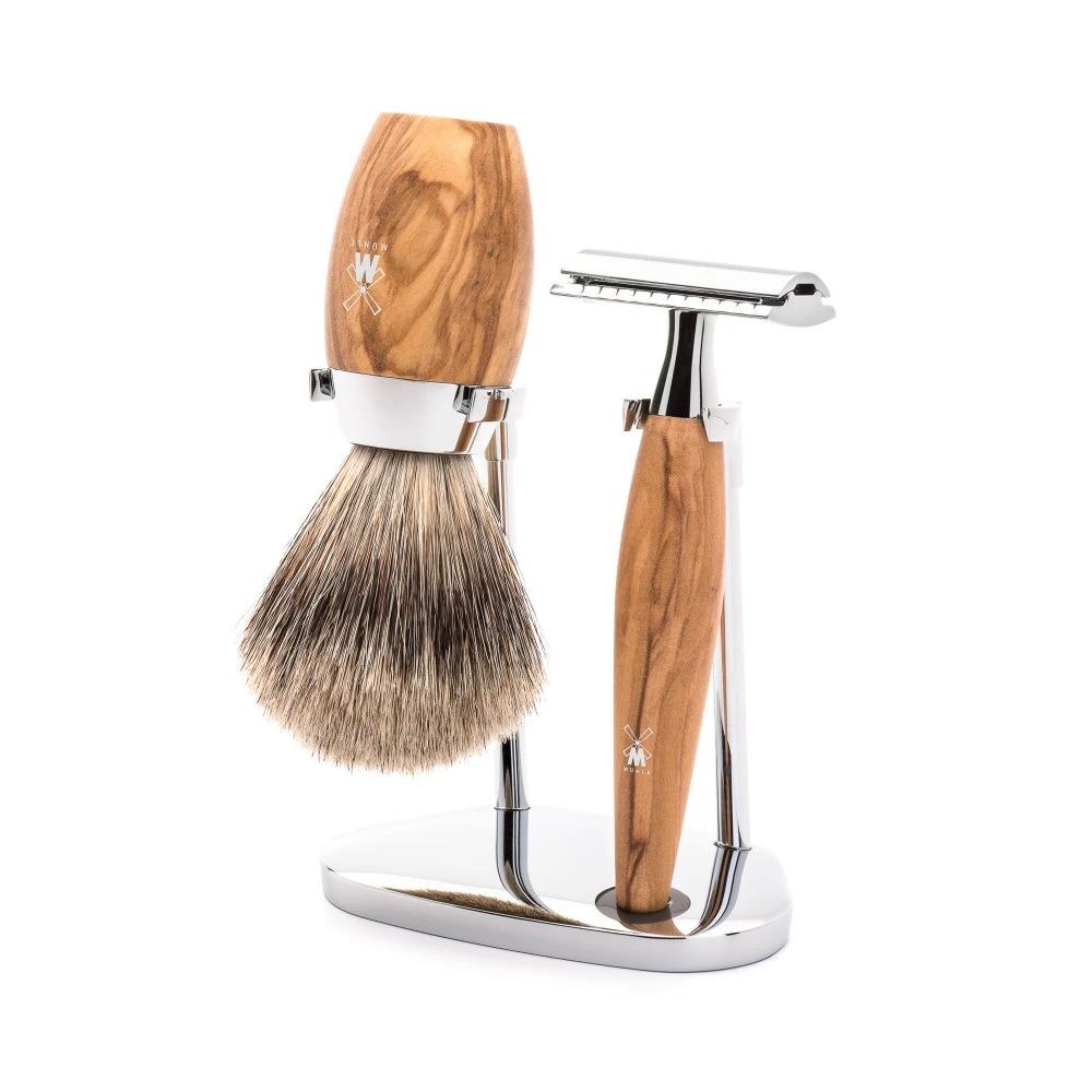 Mühle Shaving Barbersæt Med De-skraber  Fine Badger Barberkost Og Holder  Kosmo  Oliventræ