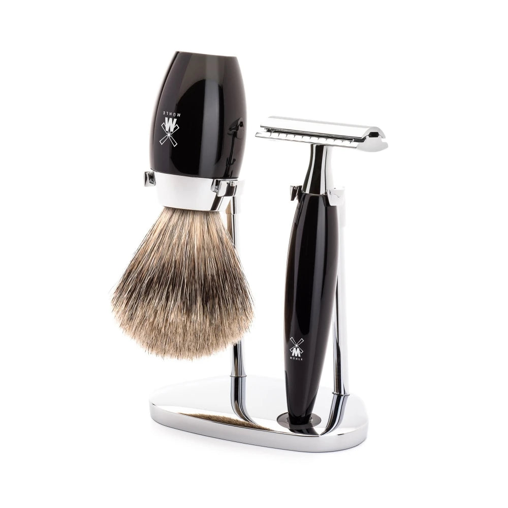 Mühle Shaving Barbersæt Med De-skraber  Fine Badger Barberkost Og Holder  Kosmo  Sort Kunstharpiks