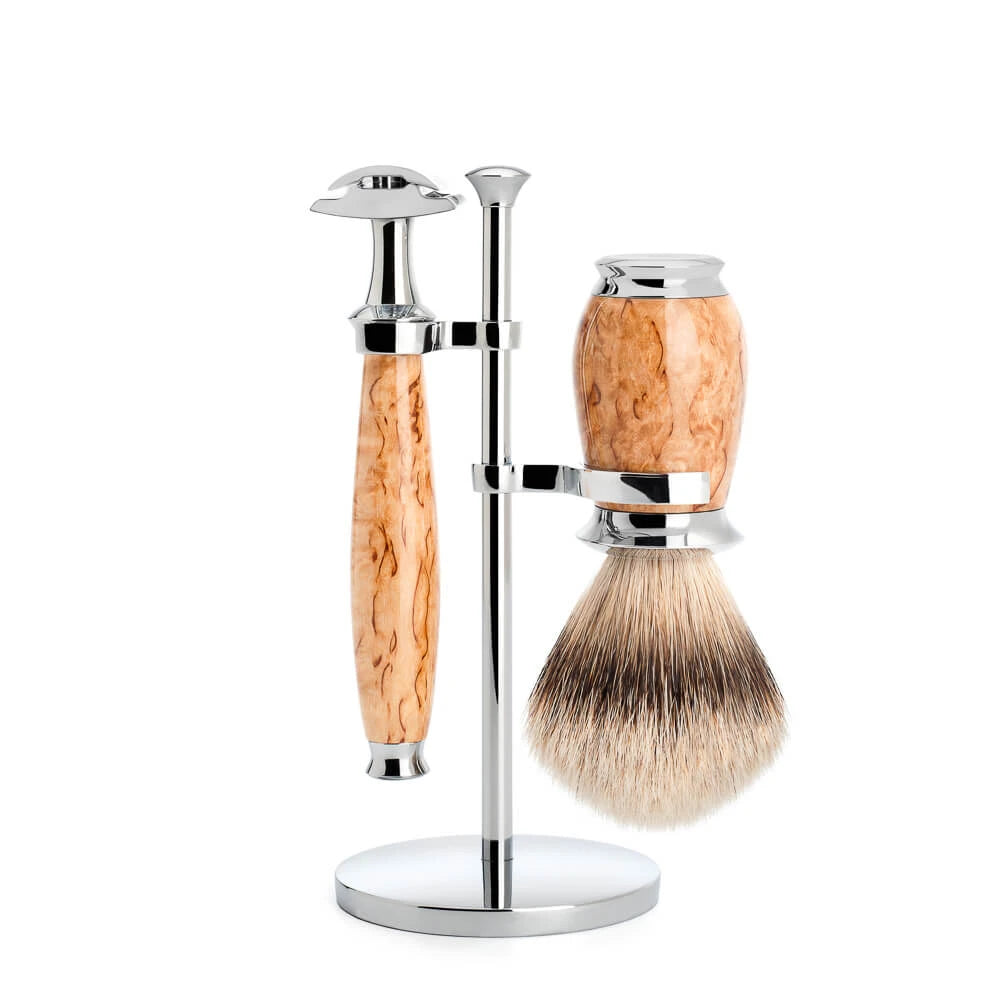 Mühle Shaving Barbersæt Med De-skraber  Silvertip Barberkost Og Holder  Purist  Karelian Burl Birk