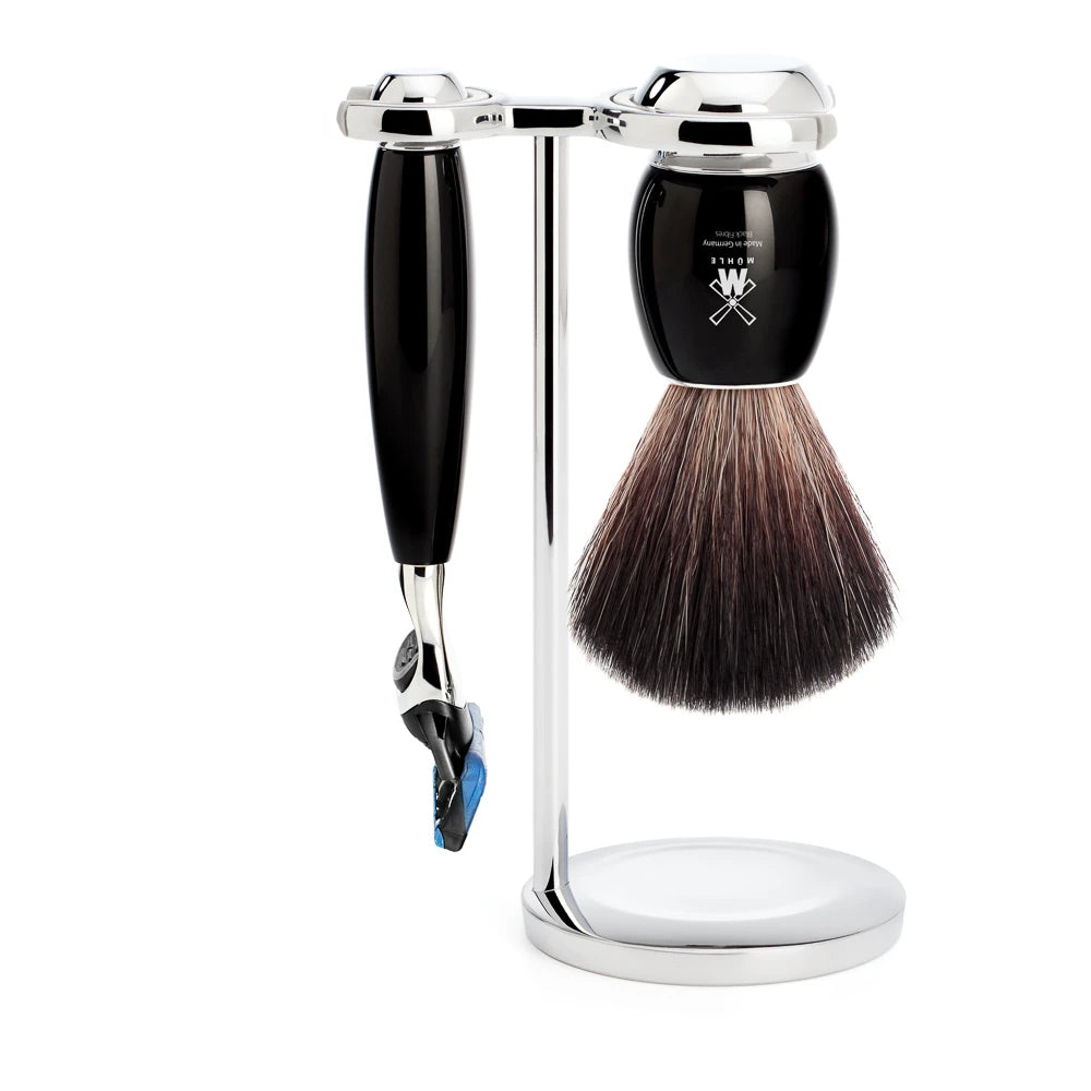 Mühle Shaving Barbersæt Med Fusion Skraber  Barberkost Og Holder  Vivo  Sort Kunstharpiks