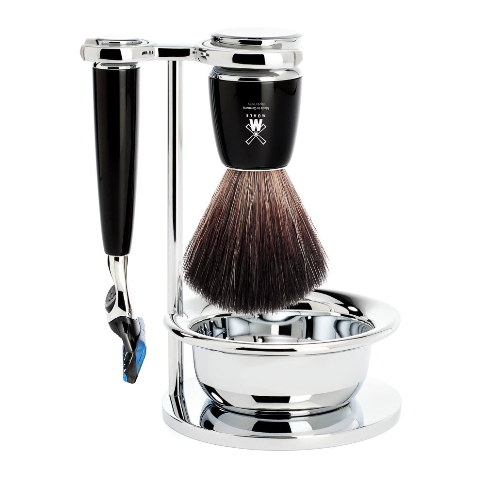 Mühle Shaving Barbersæt Med Fusion Skraber  Børste  Holder Og Skål  Rytmo  Sort Kunstharpiks