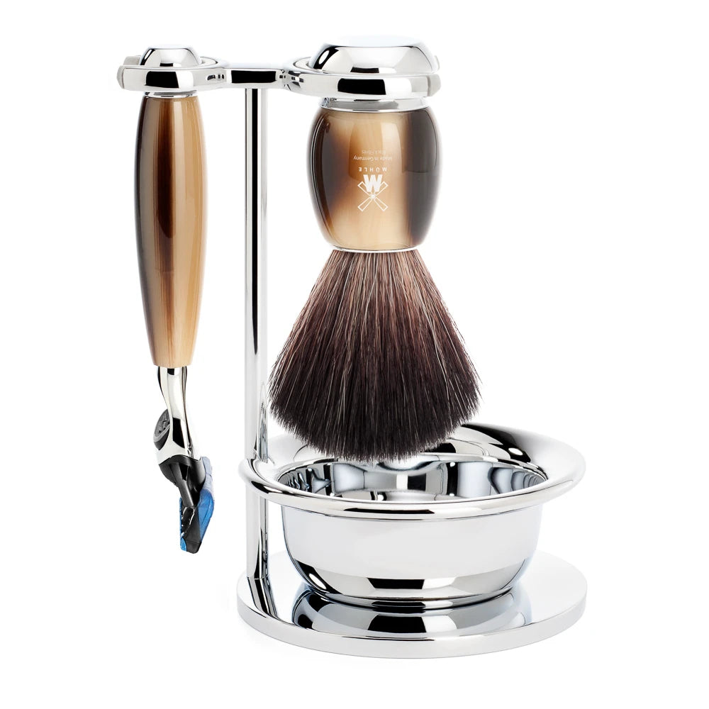 Mühle Shaving Barbersæt Med Fusion Skraber  Fibre Barberkost  Holder Og Skål  Vivo  Brunt Horn