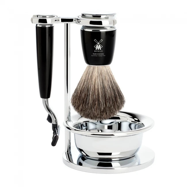 Mühle Shaving Barbersæt Med Mach3 Skraber  Barberkost  Holder Og Skål  Rytmo  Sort Kunstharpiks