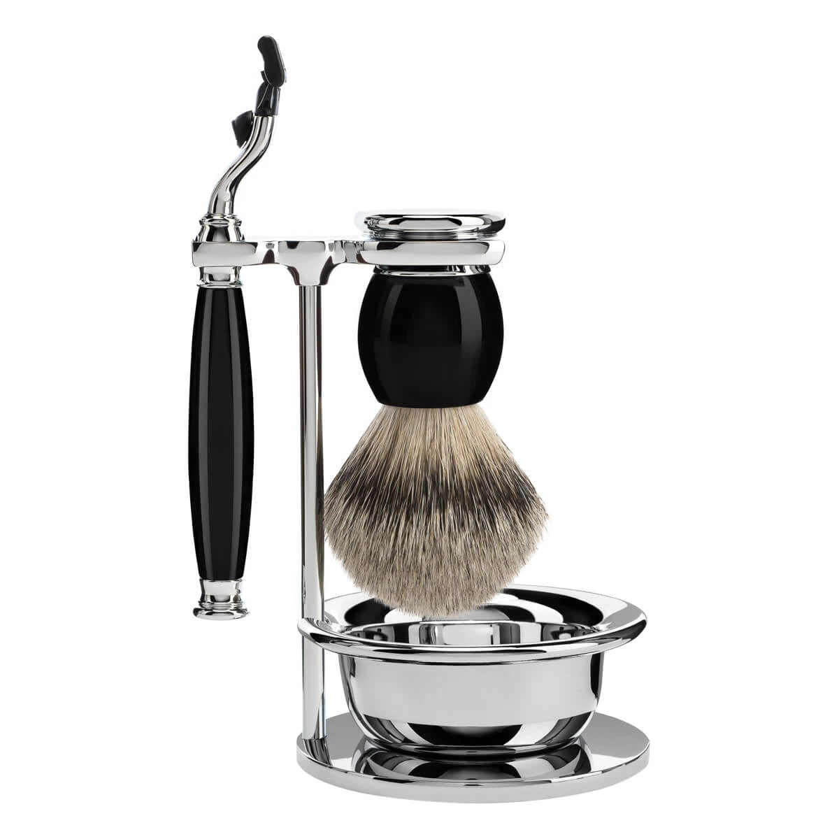 Mühle Shaving Barbersæt Med Mach3 Skraber  Barberkost  Holder Og Skål  Sophist  Sort Kunstharpiks
