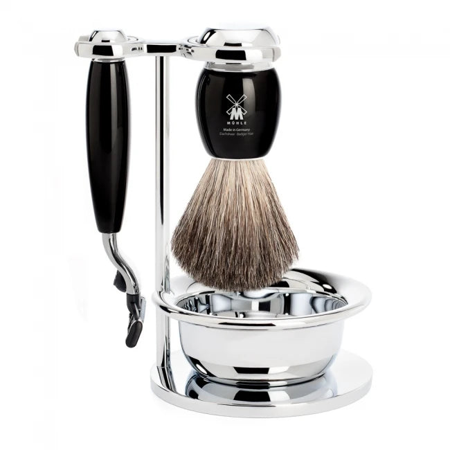 Mühle Shaving Barbersæt Med Mach3 Skraber  Barberkost  Holder Og Skål  Vivo  Sort Kunstharpiks