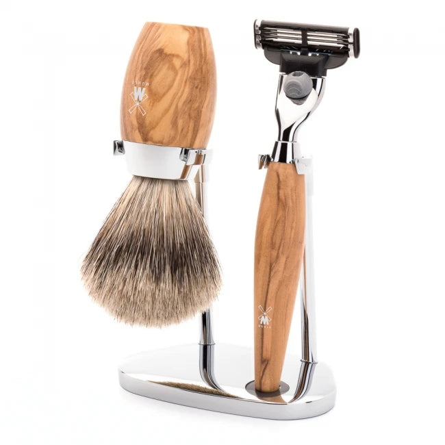 Mühle Shaving Barbersæt Med Mach3 Skraber  Barberkost Og Holder  Kosmo  Oliventræ