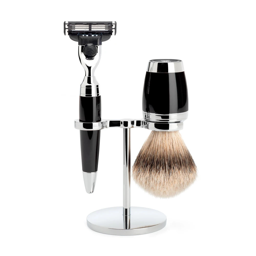 Mühle Shaving Barbersæt Med Mach3 Skraber  Barberkost Og Holder  Stylo  Sort Kunstharpiks