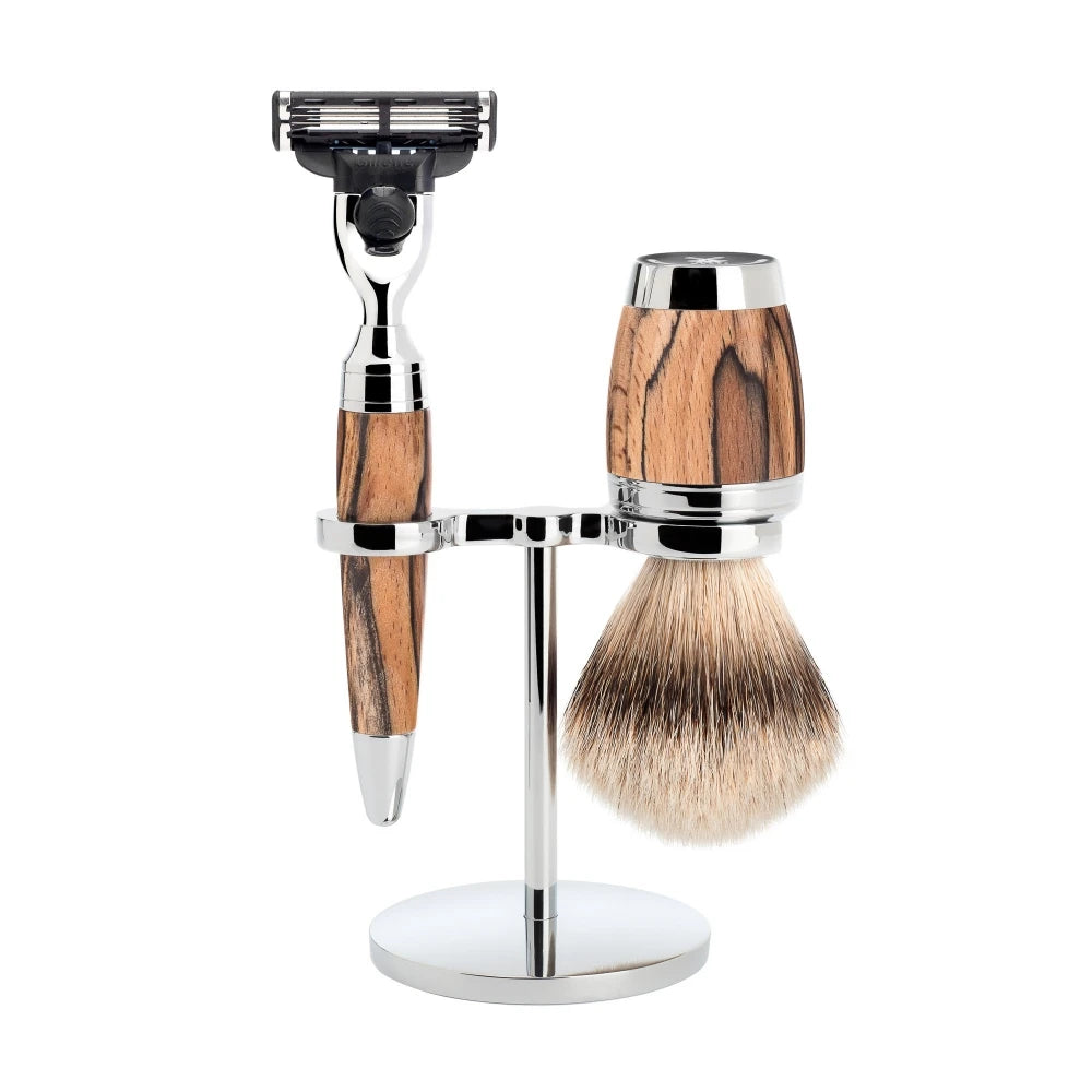 Mühle Shaving Barbersæt Med Mach3 Skraber  Barberkost Og Holder  Stylo  Spalted Beech