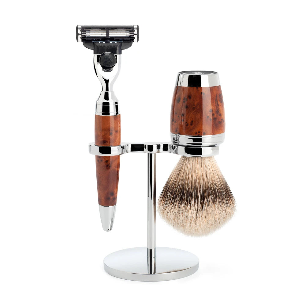Mühle Shaving Barbersæt Med Mach3 Skraber  Barberkost Og Holder  Stylo  Thuja Wood