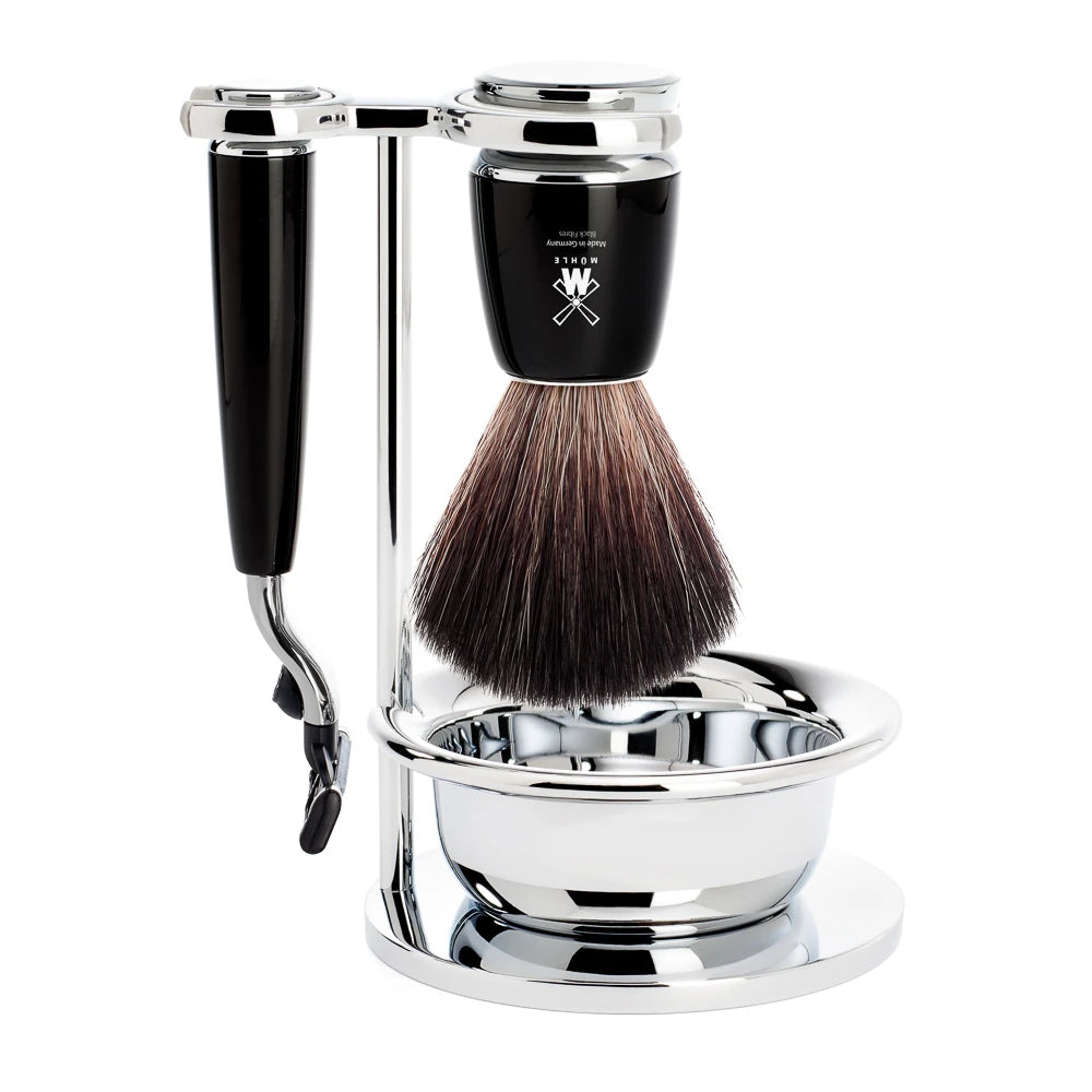 Mühle Shaving Barbersæt Med Mach3 Skraber  Børste  Holder Og Skål  Rytmo  Sort Kunstharpiks
