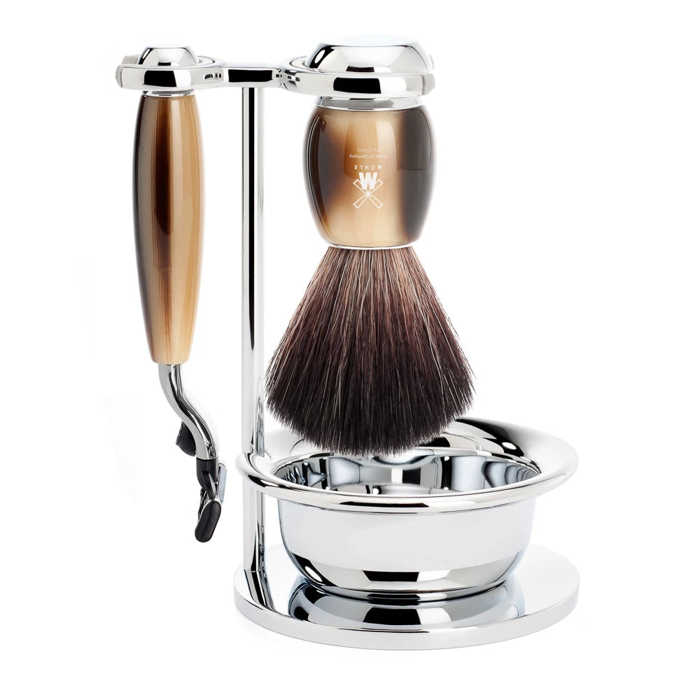 Mühle Shaving Barbersæt Med Mach3 Skraber  Fibre Barberkost  Holder Og Skål  Vivo  Brunt Horn