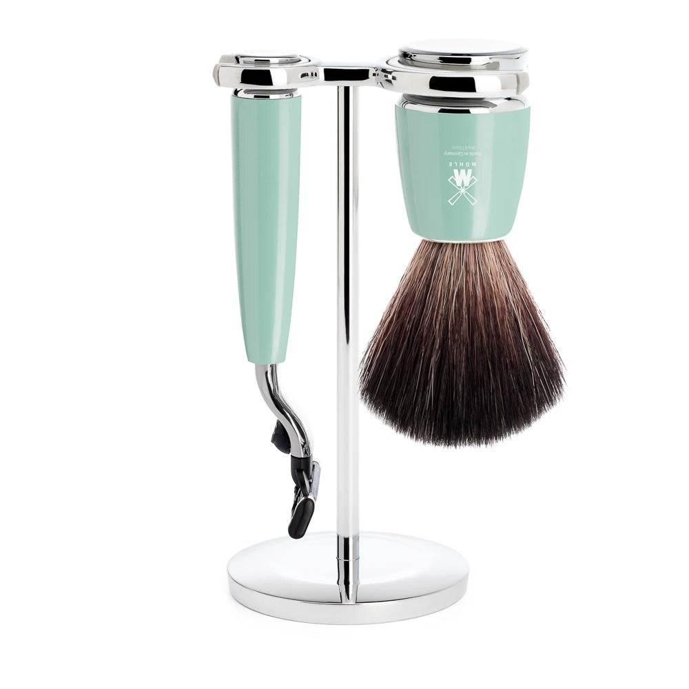 Mühle Shaving Barbersæt Med Mach3 Skraber  Fibre Barberkost Og Holder  Rytmo  Mintgrøn