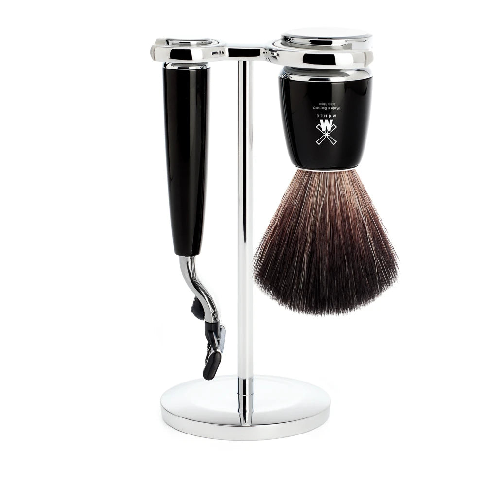 Mühle Shaving Barbersæt Med Mach3 Skraber  Fibre Barberkost Og Holder  Rytmo  Sort Kunstharpiks