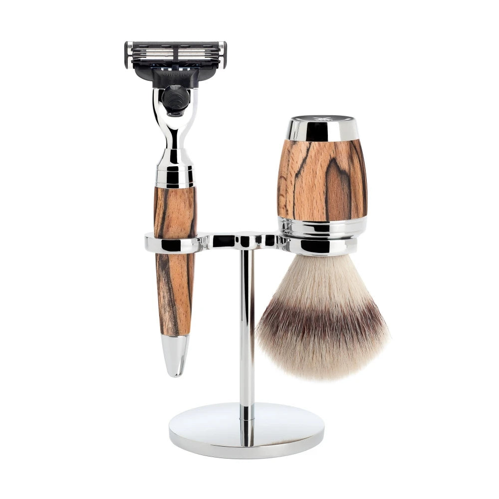 Mühle Shaving Barbersæt Med Mach3 Skraber  Fibre Barberkost Og Holder  Stylo  Spalted Beech
