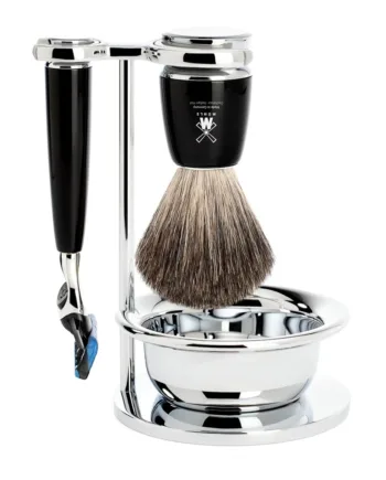Mühle Shaving Barbersæt Med Skraber  Barberkost  Holder Og Skål  Rytmo  Sort Kunstharpiks