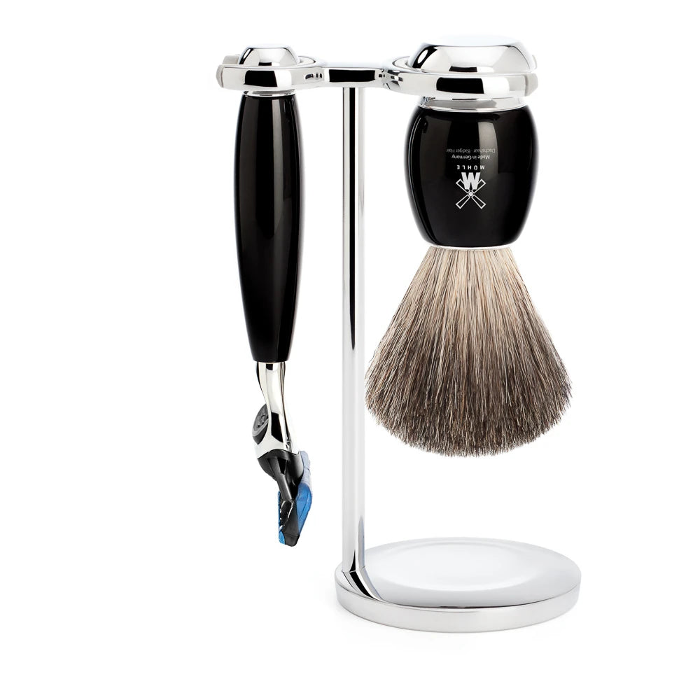 Mühle Shaving Barbersæt Med Skraber Barberkost Og Holder Vivo Sort Kunstharpiks