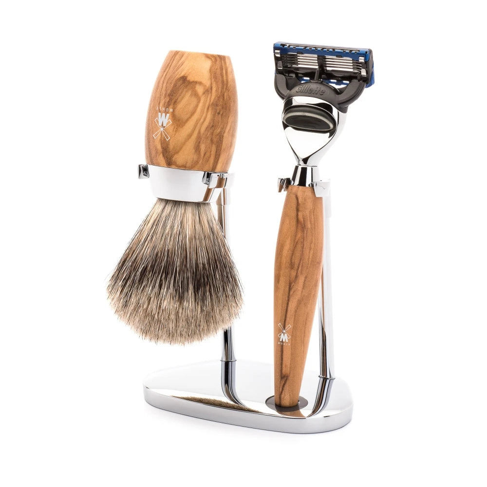 Mühle Shaving Barbersæt Med Skraber  Fine Badger Barberkost Og Holder  Kosmo  Oliventræ