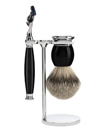 Mühle Shaving Barbersæt Med Skraber  Silvertip Barberkost Og Holder  Sophist  Sort Kunstharpiks