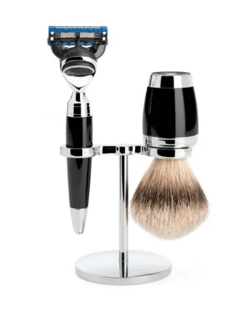Mühle Shaving Barbersæt Med Skraber  Silvertip Barberkost Og Holder  Stylo  Sort Kunstharpiks