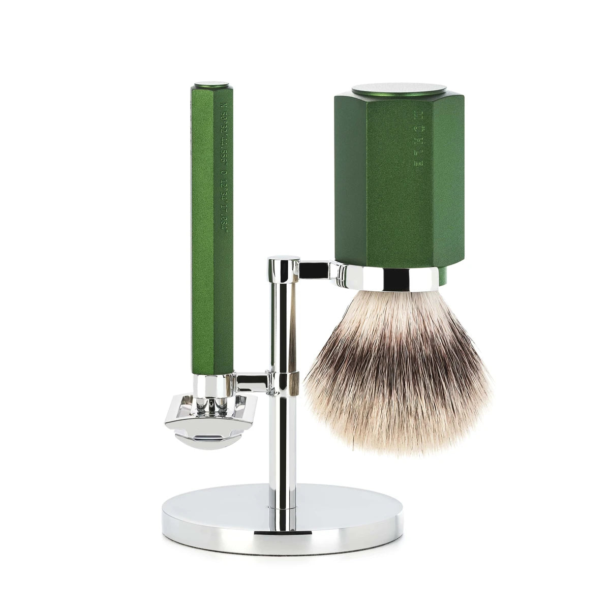 Mühle Shaving Mark Braun Barbersæt Med De-skraber Barberkost Og Holder Hexagon Aluminium Forest