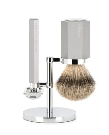 Mühle Shaving Mark Braun Barbersæt Med De-skraber  Silvertip Barberkost Og Holder  Hexagon  Sølv Aluminum